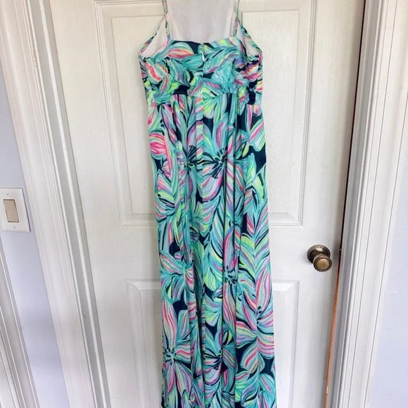 Lilly Pulitzer Lanette High Tide Navy Dancing Lady with Gold Beads and Stitch.